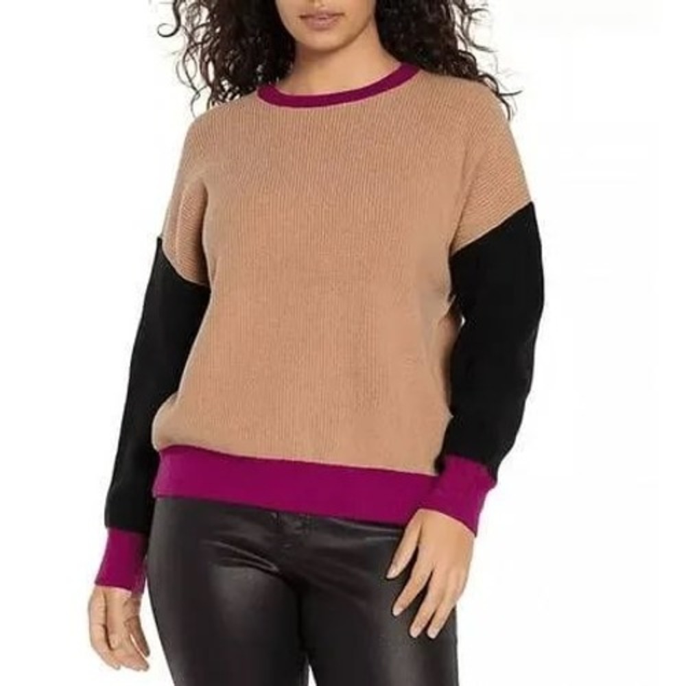 Express Womens Colorblock Ribbed Knit Sweater Camel Black Magenta Purple Small